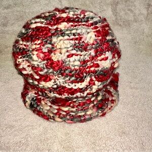 Vintage Le Chateau Chunky Knit Newsboy Hat Visor Beanie Pom Pom Y2K Red Grey